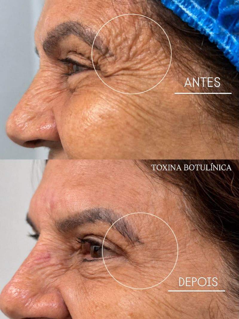 Canto do olho de perfil: em cima, antes, com rugas finas; embaixo, depois da toxina botulínica